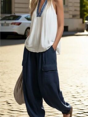 Casual Navy Cargo Harem Pants for Women